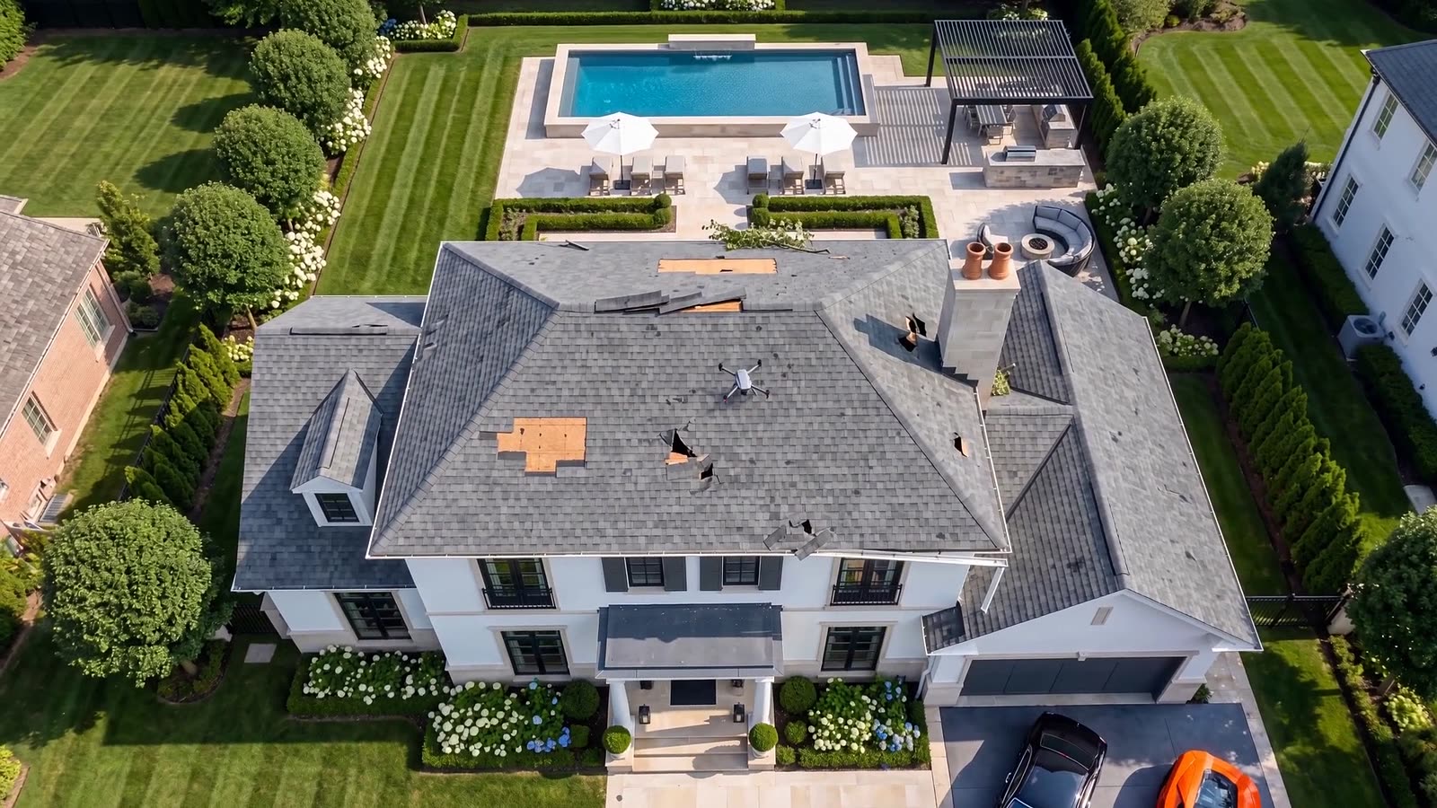 Aerial view of the inspected roof showing missing shingles, a puncture and a fallen branch